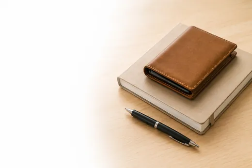 Wallet and notebook on a desk
