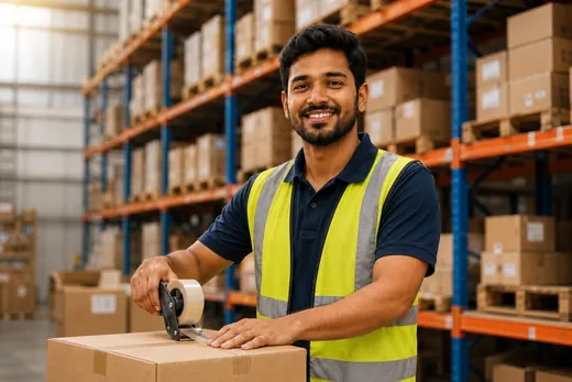 Warehouse helper taping a cardboard parcel before dispatch
