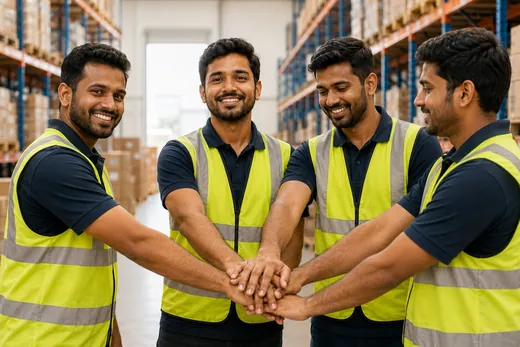 Warehouse team joining hands before the start of a shift