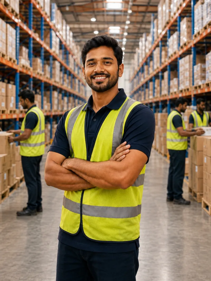 Warehouse helper in an orange high-visibility vest standing in a Dubai warehouse