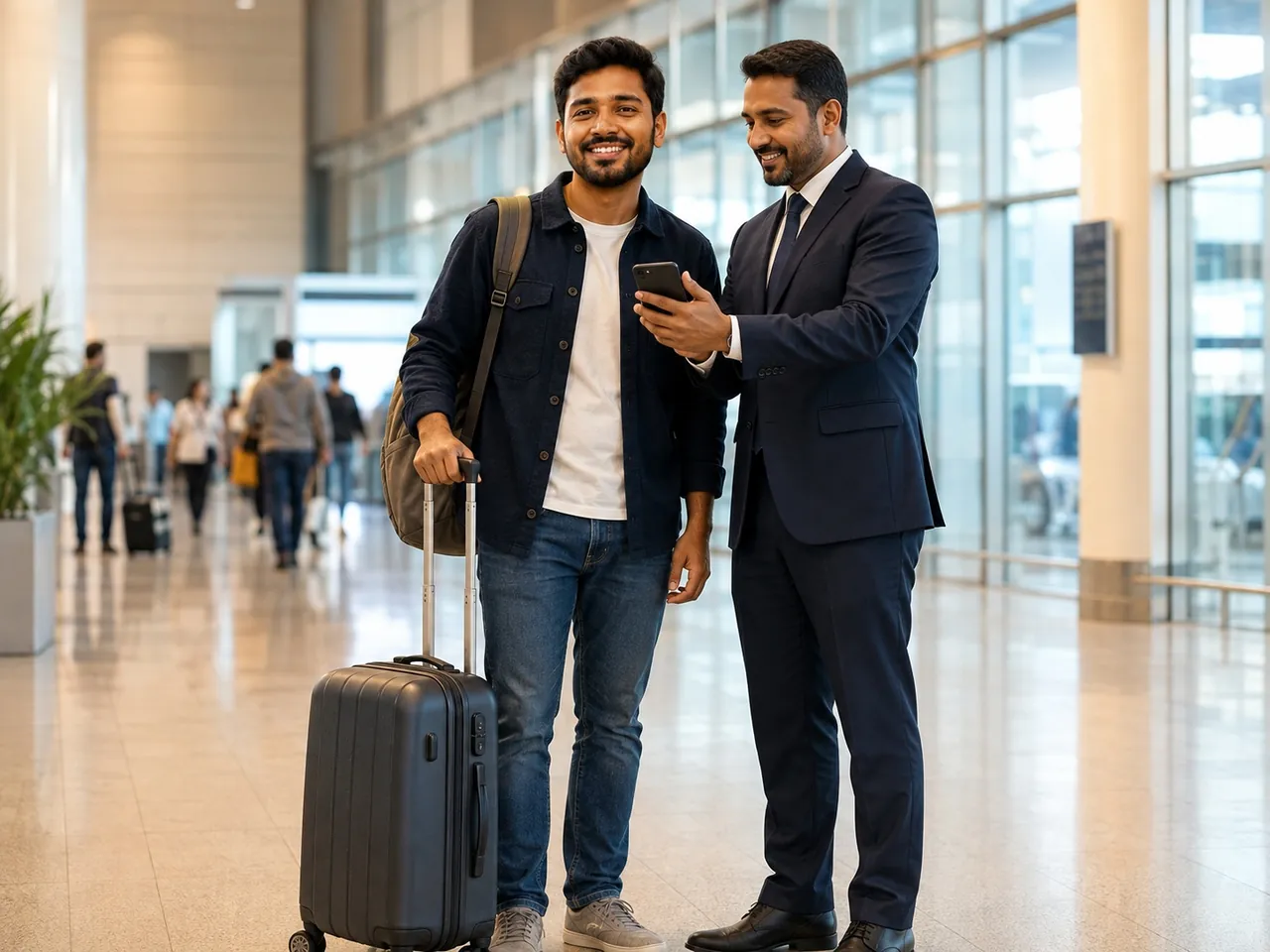 Company representative meeting a new employee in the arrivals hall
