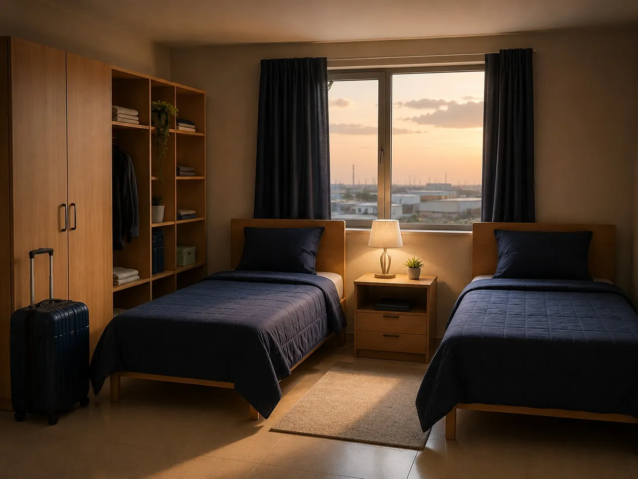 Prepared company accommodation room with two single beds and storage