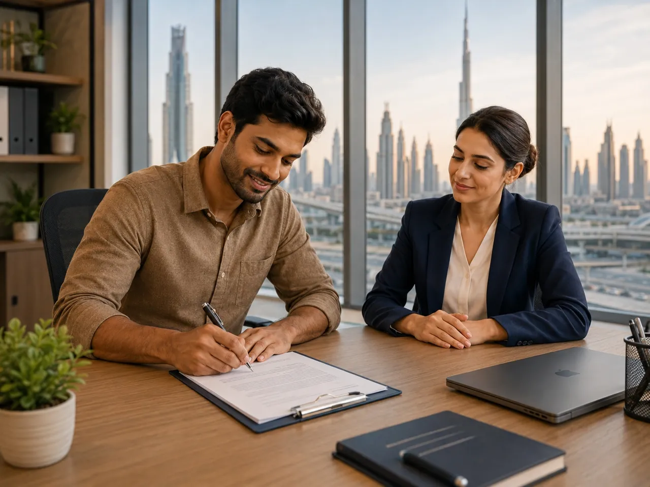 Candidate signing employment documents with an HR manager in a Dubai office