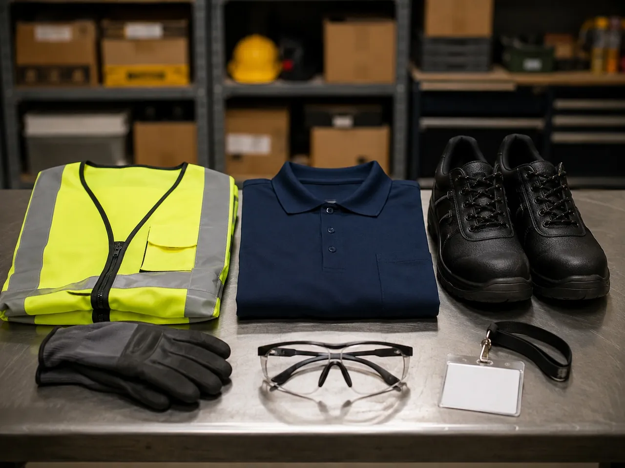 Work uniform, safety shoes, gloves and an employee badge prepared on a table