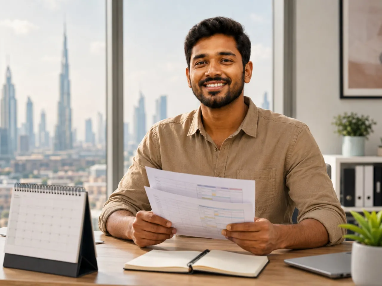 Employee reading a work schedule next to a desk calendar