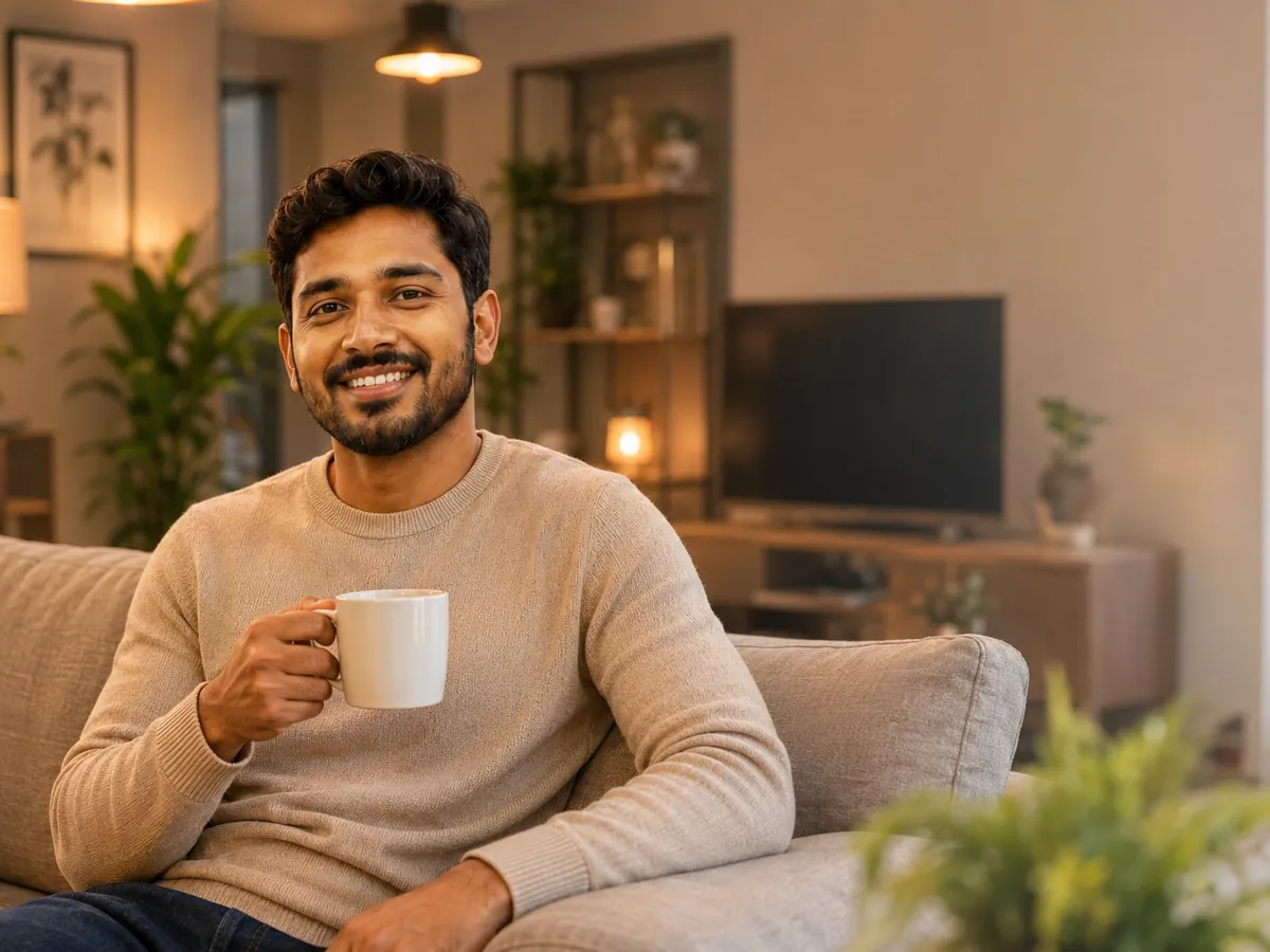Employee relaxing with a cup of tea in the company accommodation