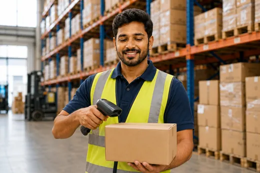 Warehouse worker scanning a parcel with a barcode scanner