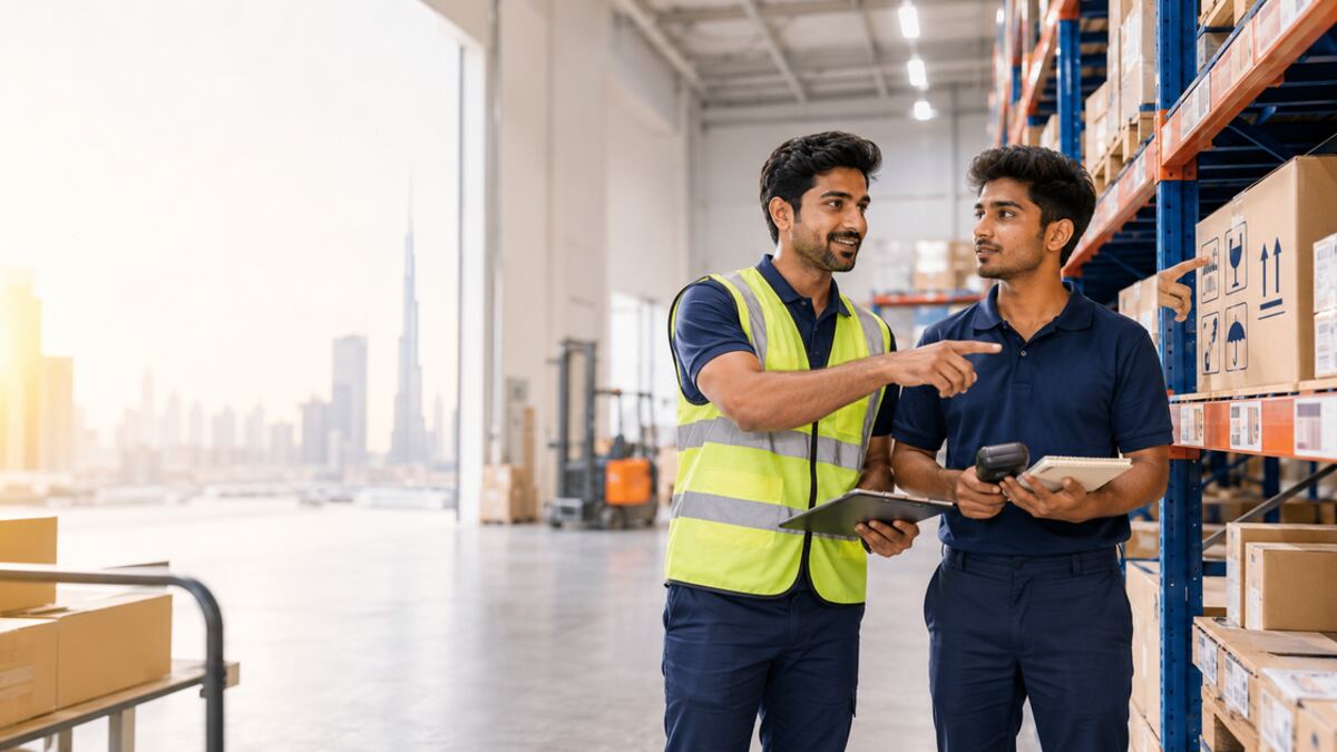 Warehouse English phrase cards for quantity, location and safety commands.