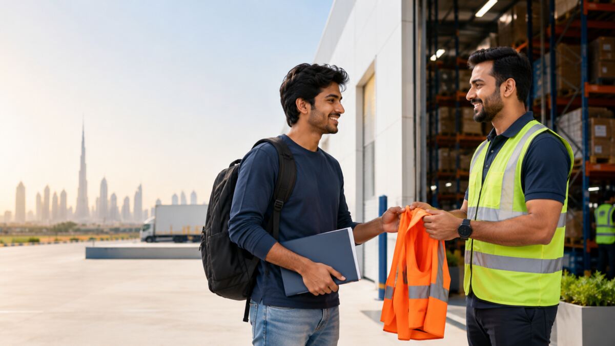 Transferable skills map from retail, delivery and factory work into a Dubai warehouse role.