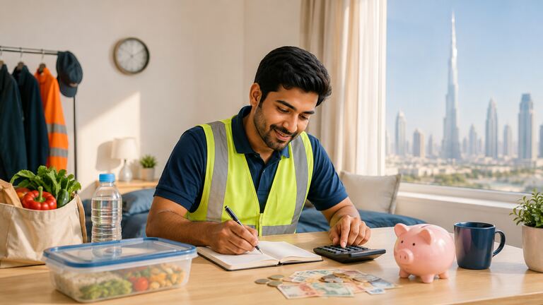 Monthly budget template for a Dubai warehouse worker showing remaining cash after expenses.