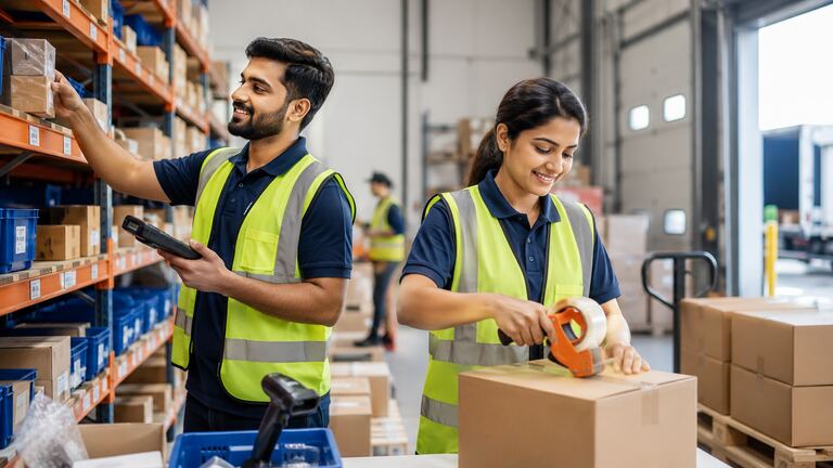Warehouse picker and packer workflow from order line to sealed carton.