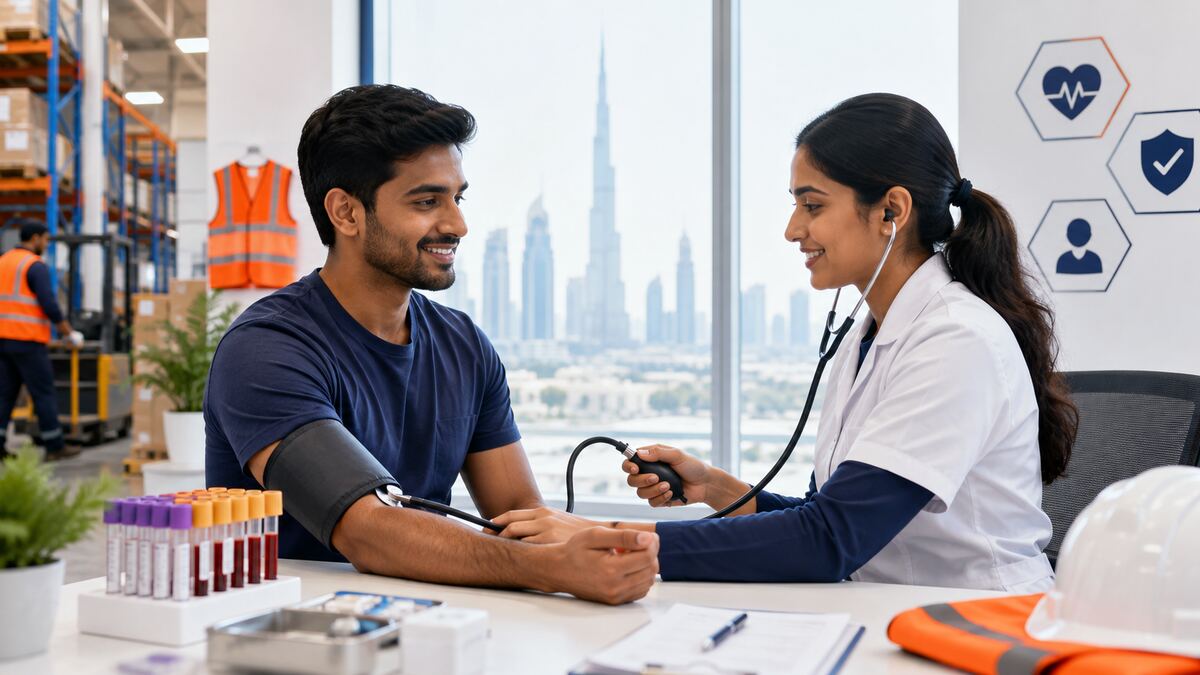 Neutral process map of an authorised UAE employment medical screening visit.