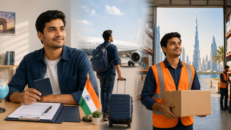 Step map of a UAE employment visa process for a candidate applying from India.