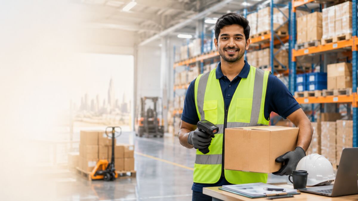 Warehouse assistant supporting receiving, put-away and staging on a Dubai site.