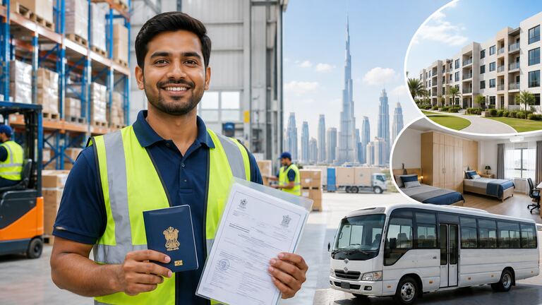 Diagram of a Dubai warehouse job package showing visa sponsorship, shared accommodation and work transport.