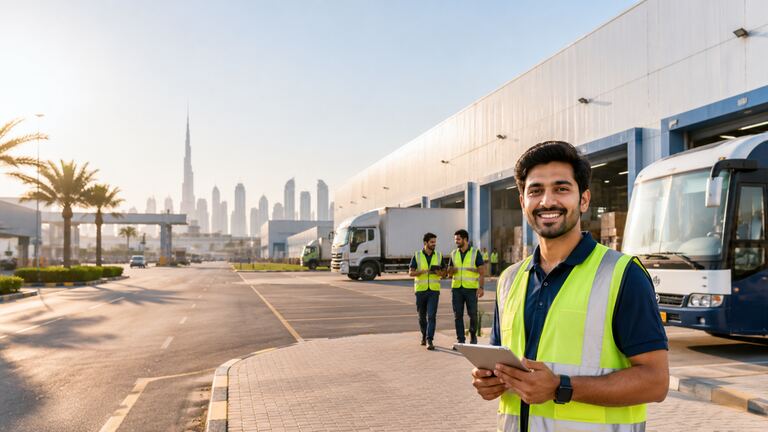 Logistics map highlighting Jebel Ali and Dubai South warehouse areas and company transport.