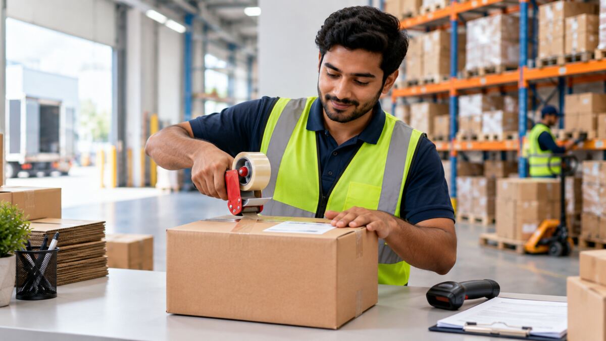 Packing quality scenarios with cartons, fragile marks and shipping labels.