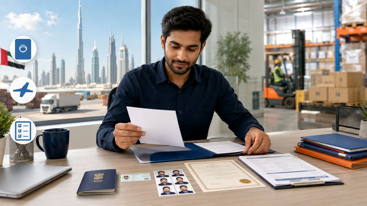Stage-based document checklist for an Indian applicant to a UAE warehouse job.