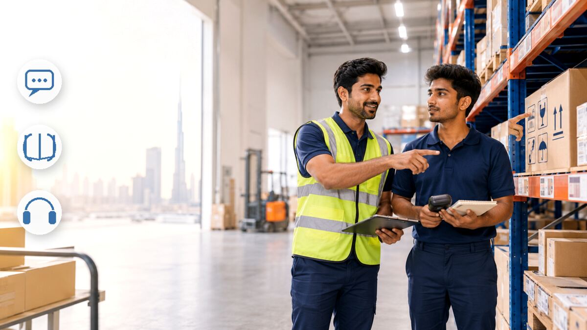 Warehouse English test items for aisle, quantity and safety commands.